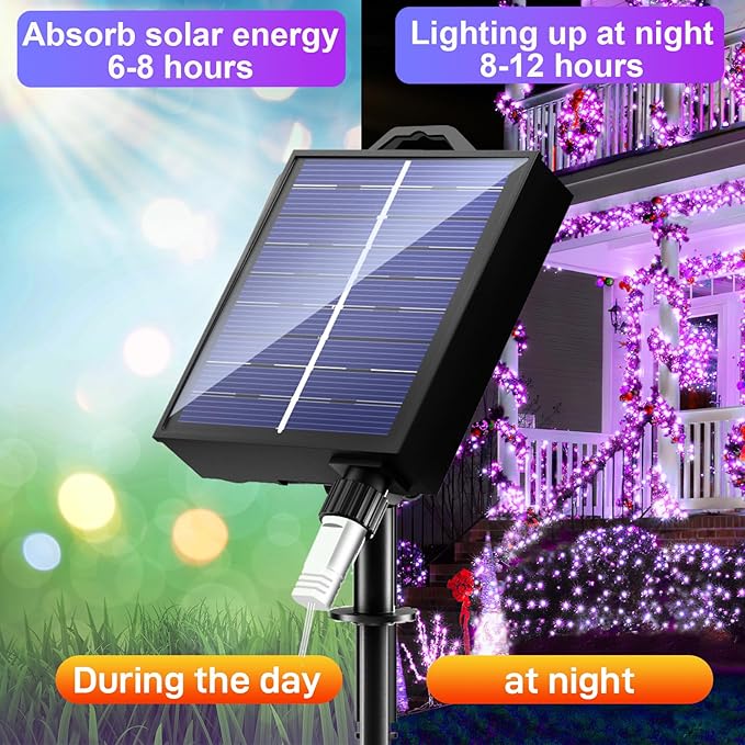 New Upgraded Purple Solar String Lights Outdoor 2 Pack Total 144FT 400LED Solar & USB Rechargeable 19 Mode Solar Halloween Lights for Outside Yard Patio Garden Party Xmas Halloween Decorations, Purple