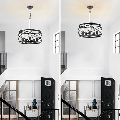 19.7'' Black Farmhouse Chandelier - 5-Light Industrial Drum Black Chandeliers for Dining Room Hanging Light Fixture for Entryway Kitchen Foyer Bedroom Living Room