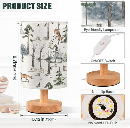 Table Lamp Watercolor Woodland Animal Pattern Fox Rabbit Hedgehog Bird Nightstand Lamp with Wood Base Fabric Lamp Shade Bedside Desk Lamp for Living Room Bedroom Kids Room Office