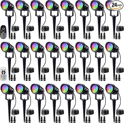 SUNVIE 24 Pack Halloween RGBW Low Voltage Landscape Lights LED Color Changing Landscape Lighting with Remote Control and Wire Connectors, AC/DC 12V-24V Waterproof Outdoor Spotlight for Yard Garden
