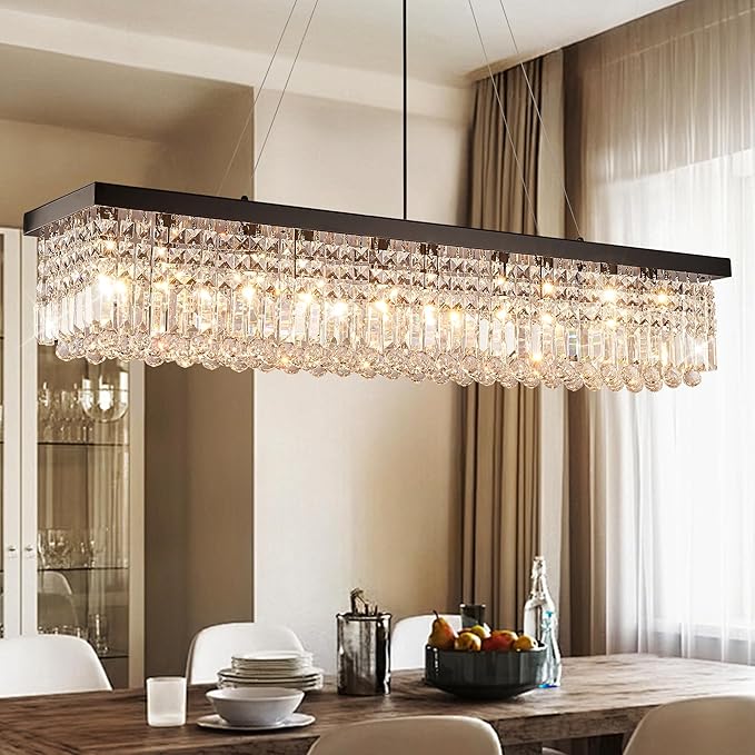 Modern Crystal Chandelier for Dining Room,10-Light Black Rectangle Pendant Ceiling Light Fixture for Kitchen Island Bar, L47 x W10 x H10