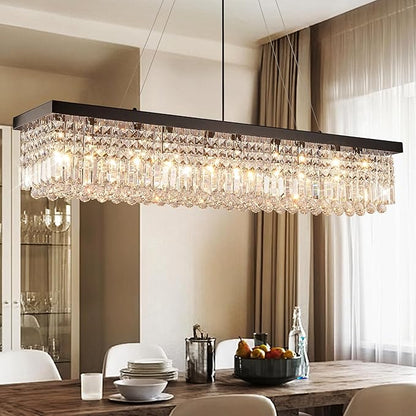 Modern Crystal Chandelier for Dining Room,10-Light Black Rectangle Pendant Ceiling Light Fixture for Kitchen Island Bar, L47 x W10 x H10