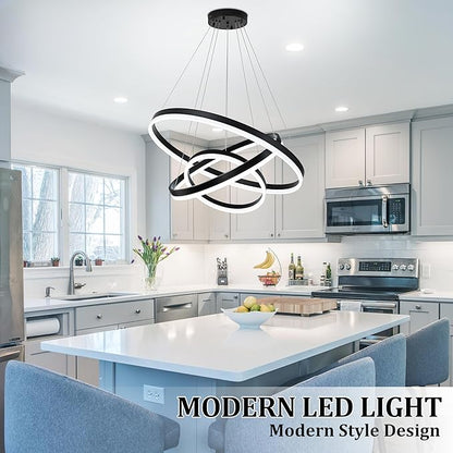 31.5" Black Modern Led Chandelier 3 Ring Modern Led Pendant Light Contemporary Ring Chandeliers Dimmable Chandeliers Color Temperature Adjustable Height Hanging Chandelier for Living Room