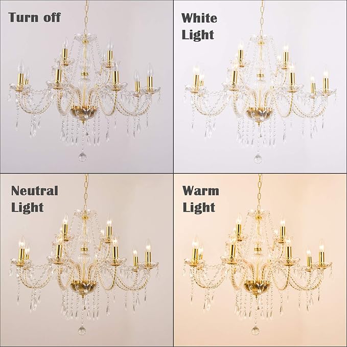 K9 Crystal Candle Chandeliers Lighting 12 Lights Pendant Ceiling Fixture Lamp for Dining Living Room Bedroom Hallway Entry Elegant Decoration (12 Bulbs)