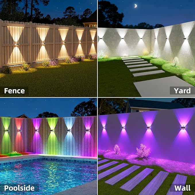 NIORSUN Solar Fence Lights Outdoor, 16 Pack Up and Down Waterproof Solar Wall Lights, Fence Lights with Lens, Warm & Cool White + RGB, Dusk to Dawn Lighting for Patio, Backyard, Pool, Railing (White)