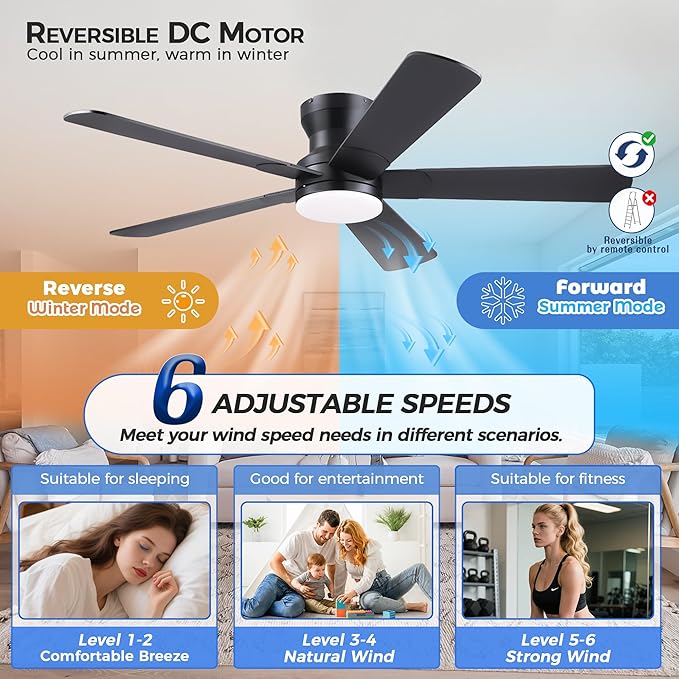 Ayaoty 52" Black Ceiling Fans with Lights and Remote - Flush Mount Fan Light with 5 Reversible Blades, 3CCT Dimmable, DC, Low Profile Ceiling Fan for Modern Indoor, Covered Outdoor
