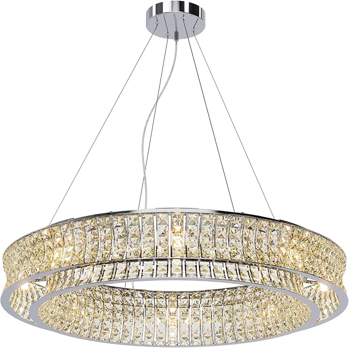 Modern Crystal Chandelier Round 16-Light Contemporary Hanging Ceiling Light Fixture Chrome Finish with Clear Rectangular Crystals Dining Room Living Room Bedroom Entryway Lighting Easy Install 31.5''