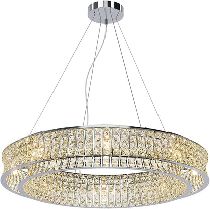 Modern Crystal Chandelier Round 16-Light Contemporary Hanging Ceiling Light Fixture Chrome Finish with Clear Rectangular Crystals Dining Room Living Room Bedroom Entryway Lighting Easy Install 31.5''