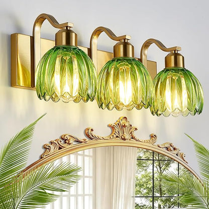 3-Light Vanity Lights with Green Tulip Glass Shade, Gold Bathroom Lighting Fixture Over Mirror, Vintage Vanity Wall Sconce Lamp for Kitchen Living Room Hallway