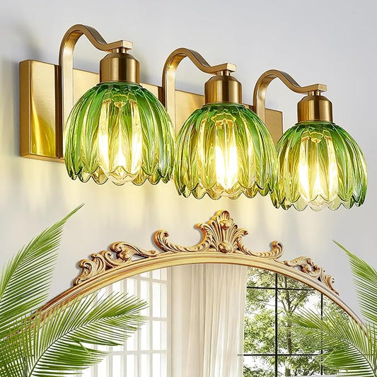 3-Light Vanity Lights with Green Tulip Glass Shade, Gold Bathroom Lighting Fixture Over Mirror, Vintage Vanity Wall Sconce Lamp for Kitchen Living Room Hallway