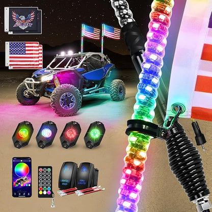 Nilight 2PCS 3FT RGB LED Whip Light with Spring Base and 4 PCS Rock Lights Combo, Remote App Control w/DIY Chasing Patterns Turn Signal Brake Reverse Antenna Lighted Whips for ATV UTV Polaris RZR Jeep