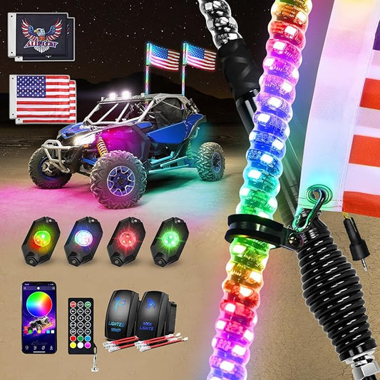 Nilight 2PCS 3FT RGB LED Whip Light with Spring Base and 4 PCS Rock Lights Combo, Remote App Control w/DIY Chasing Patterns Turn Signal Brake Reverse Antenna Lighted Whips for ATV UTV Polaris RZR Jeep