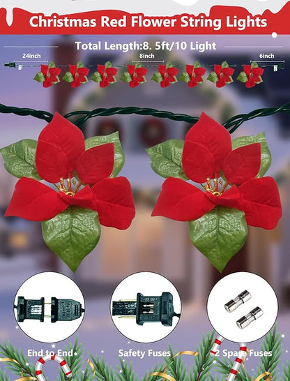 8.5FT Christmas LED Flower String Lights, Christmas Decorations Lights Outdoor with 10 LED Red and Green Flowers Bulbs, Plug in Flower Fairy Light for Valentines Wedding Garden Porch Floral Decor