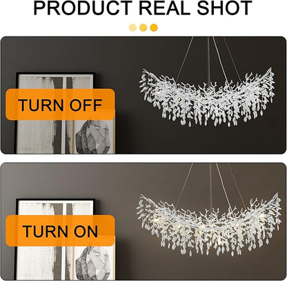 Modern Crystal Tree Branches Chandelier, 40in Silver 10 Lights Large Ceiling Hanging Light for Dining Room, Arc Raindrop Pendant Light Fixture