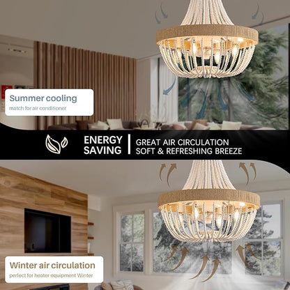 Luxury Empire Crystal Chandelier Fan with 64 Bead Strands, 7-Blade Invisible Fan, Remote/APP Controlled Ceiling Fan for Living Room, Bedroom, Dining Hall (White Wood Bead, 20" Farmhouse Style)