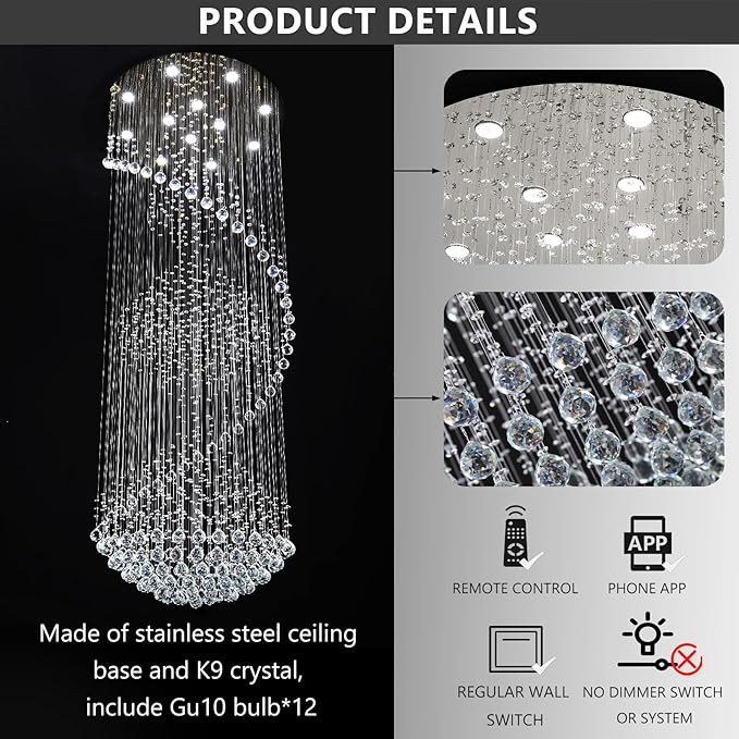 Crystal Chandelier High Ceiling Chandeliers for Staircaes Large Raindrop Chandeliers LED Dimmable Light Fixtures for Foyer Hallway Entryway LED Bulbs Included 98''