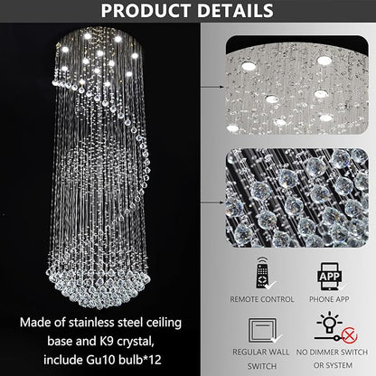 Crystal Chandelier High Ceiling Chandeliers for Staircaes Large Raindrop Chandeliers LED Dimmable Light Fixtures for Foyer Hallway Entryway LED Bulbs Included 98''