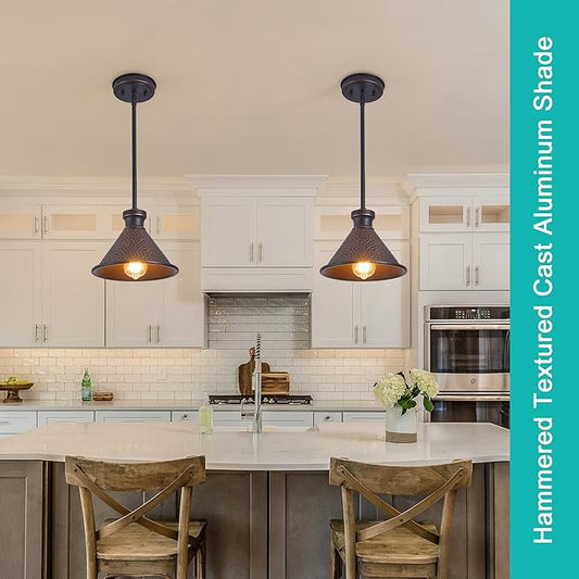 Tarentlight Pendant Light (2 Packs), Kitchen Lights Ceiling Hanging,Oil-Rubbed Bronze Finish, Farmhouse Lighting for Kitchen Island Room,Vintage Hammered Textured Aluminum Shade, Height Adjustable