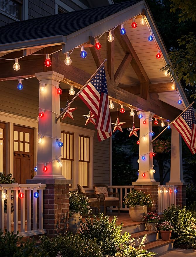 25Ft G40 LED Red White and Blue String Lights Outdoor,4th of July Decoration Lights with 27 LED Shatterproof Globe Bulbs, Hanging Patio Patriotic String Lights for Backyard Party Independence Day