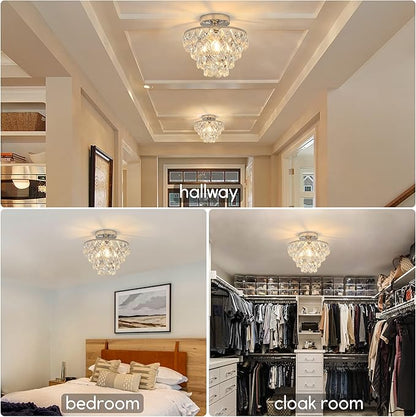 Luupyia Mini Crystal Chandelier Ceiling Light Small, Modern Crystal Ceiling Light for Hallway Fixtures Semi Flush Mount Silver Chandelier for Bedroom Hall Living Room Hallway