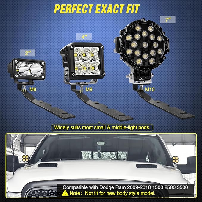 Nilight Ditch Light Brackets Hood Hinges Mount Brackets for Auxiliary Offroad LED Pod Light Work Light on 2009-2018 Dodge RAM 1500 2500 3500, 2 Years Warranty,Black