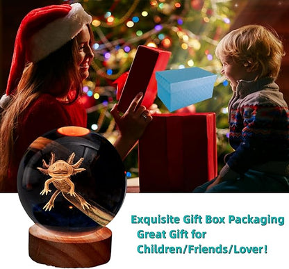 3.15 inch Axolotl Crystal Ball Lamp,3D K9 Crystal Ball Night Light with Wooden Base,16 Colors Change with Remote Control,Clear Glass Light,Birthday Gift for Friends (Axolotl)