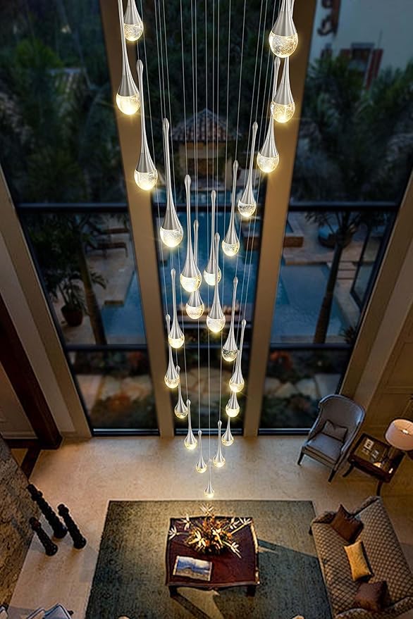 ykolupty Modern Crystal Chandelier 25-Lights Raindrop Chandeliers LED Dimmable High Ceiling Pendant Light Silver Large Chadnelier for Foyer Entrance Living Room