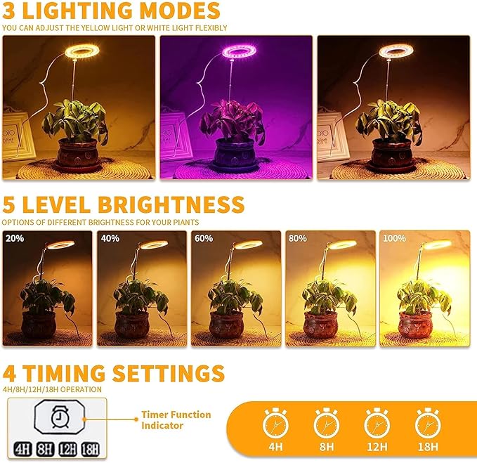 Grow Light for Indoor Plants Growing, 4000K Full Spectrum Halo Plant Lamp for Seedlings Succulents Small Mini Plants, 3 Colors Spectrum Changeable & Auto On Off Timer 4/8/12/18Hrs (2 Pack)