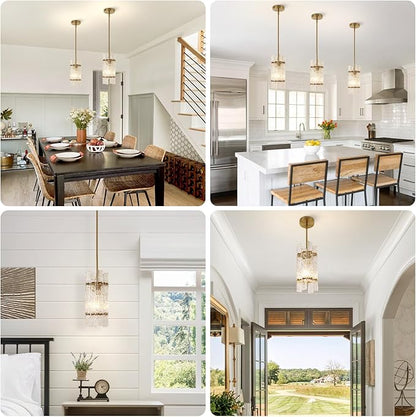 KELUOLY Modern Gold Crystal Pendant Light for Kitchen Island, Luxury Mini Water Ripple Glass Chandelier Lights Fixture, E26 Square Adjustable Hanging Pendant Lighting for Dining Room Bedroom (1-Pack)