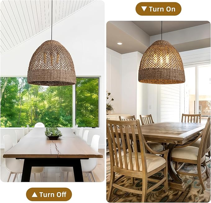 3-Lights Large Rattan Pendant Light Fixtures, 17" Rattan Chandelier Boho Hand Woven Wicker Basket Chandelier for Farmhouses Kitchen Living Room Bedroom Dining Room Foyer
