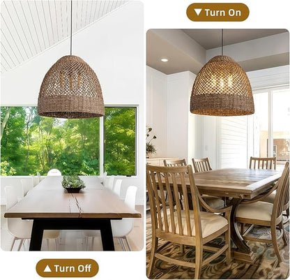 3-Lights Large Rattan Pendant Light Fixtures, 17" Rattan Chandelier Boho Hand Woven Wicker Basket Chandelier for Farmhouses Kitchen Living Room Bedroom Dining Room Foyer