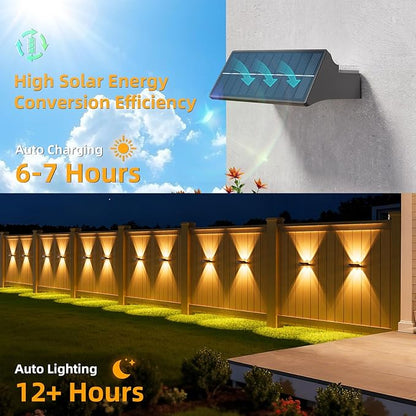 NIORSUN Solar Fence Lights Outdoor, 8 Pack Up and Down Waterproof Solar Wall Lights, Warm & Cool White + RGB, Fence Lights with Lens, Dusk to Dawn Lighting for Patio, Backyard, Pool, Railing (Black)