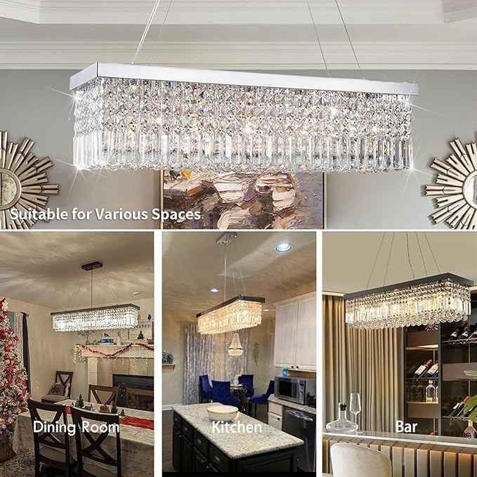 Rectangular Chandeliers for Dining Room, Modern Rain Drop Chandeliers, Hanging Pendant Crystal Chandelier Light for Kitchen Island, Beautiful Ceiling Light Fixture for Cafes Office of CRYSTOP