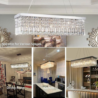 Rectangular Chandeliers for Dining Room, Modern Rain Drop Chandeliers, Hanging Pendant Crystal Chandelier Light for Kitchen Island, Beautiful Ceiling Light Fixture for Cafes Office of CRYSTOP