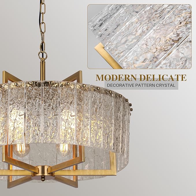 Gold Crystal Chandeliers for Dining Room, 24" Modern Drum Chandelier,Water Ripple Glass, Adjustable Height, Pendant Dining Room Light Fixture for Kitchen Island Hallway Entryway Foyer