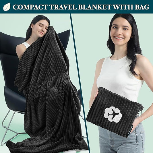 PAVILIA Travel Blanket Pillow, Airplane Blanket Set in Soft Bag with Pockets, Plane Blanket Compact Packable, Flight Essentials Car Pillow, Travelers Accessories Gifts, Luggage Strap, Black