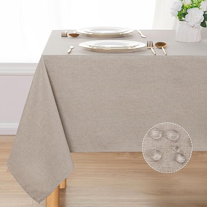 DWCN Faux Linen Tablecloth Rectangle - Fabric Waterproof Spill-Proof Wrinkle and Stain Resistant Tablecloths Decorative Farmhouse Table Cover for Kitchen Dining Party, 54 x 80 Inch, Stone