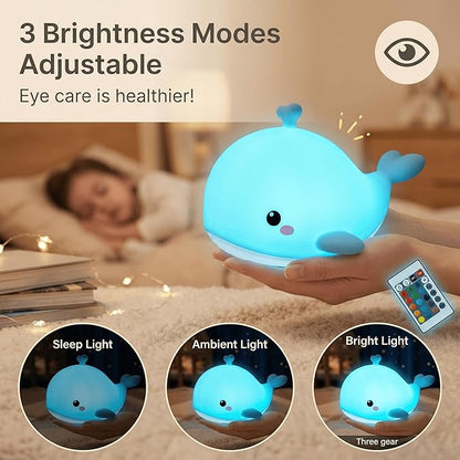 Whale Baby Night Light for Kids with Remote & Timer, Dimmable LED Squishy Soft Silicone Tap Lamp, USB Rechargeable Toddler Bedside Light for Breastfeeding, Kawaii Ocean Nursery Decor Gift