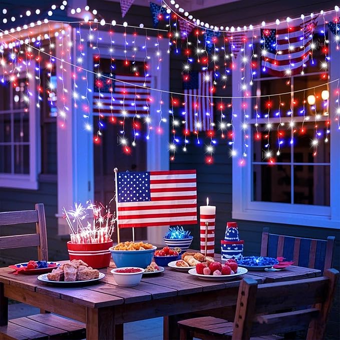 66ft 640LED Red White and Blue Lights for Christmas Decorations Outdoor Icicle Lights for Outside, Clear Wire Connectable Twinkle Light for House Party Holiday Patio Yard