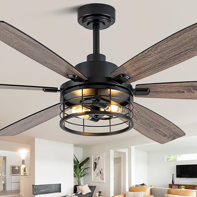 Farmhouse Ceiling Fan with Lights and Remote Large Rustic Ceiling Fan Caged Fandelier Industrial Chandelier Light, Reversible Quiet DC Motor 6 Speed for Indoor Outdoor (Industrial, 60 Inch)