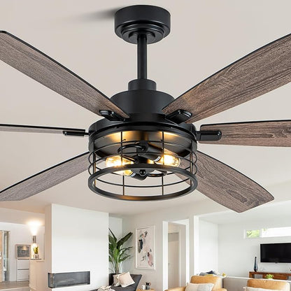 Farmhouse Ceiling Fan with Lights and Remote Large Rustic Ceiling Fan Caged Fandelier Industrial Chandelier Light, Reversible Quiet DC Motor 6 Speed for Indoor Outdoor (Industrial, 60 Inch)