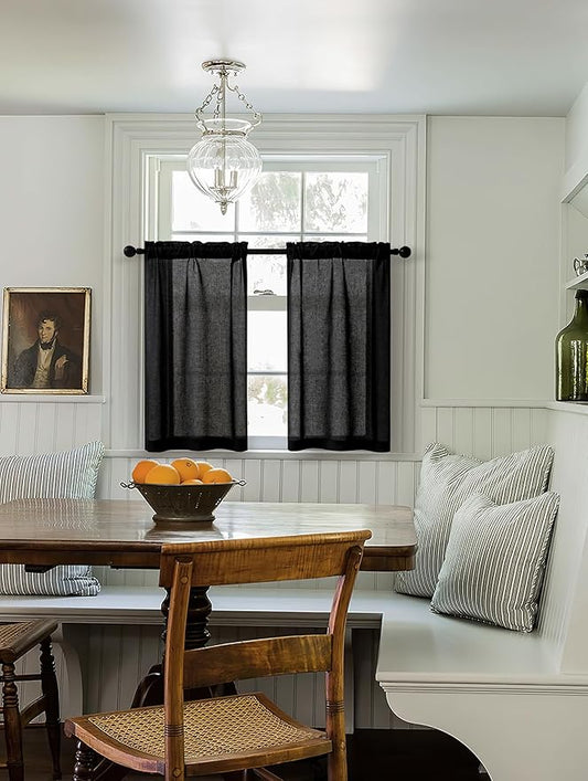 Black Linen Cafe Curtains 30 Inch Length 2 Panels Privacy Light Filtering Semi Sheer Front Door Small Window Treatment Boho Farmhouse Rod Pocket Short Curtains for Bathroom Kitchen Basement RV 26x30