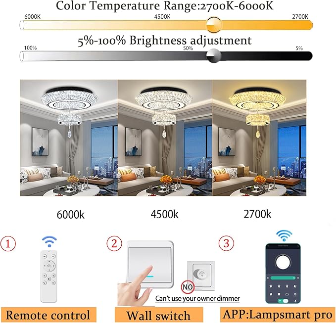 Led 24'' Black Ring Crystal Chandelier,Modern Luxury 2 Tier Crystal Raindrop Chandeliers Lighting for Dining Living Room LED Dimmable 3000-6000K