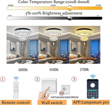 Led 24'' Black Ring Crystal Chandelier,Modern Luxury 2 Tier Crystal Raindrop Chandeliers Lighting for Dining Living Room LED Dimmable 3000-6000K