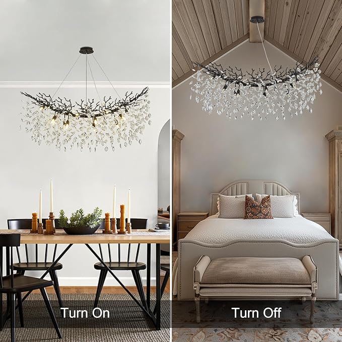 Modern Crystal Black Chandelier, 47" Large Rectangular Tree Branch Chandeliers for Dining Room Over Table,Living Room,High Ceiling,Kitchen Island,Foyer,Staircase, Crystals Ceiling Light Fixtures