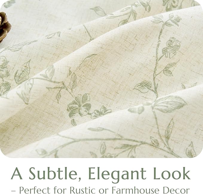 jinchan Floral Linen Kitchen Curtains with Attached Valance 24 Inch Length Farmhouse Cafe Tier Curtains for Living Room Bathroom Rustic Half Window Light Filtering Small Drapes 2 Panels Green