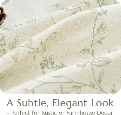 jinchan Floral Linen Kitchen Curtains with Attached Valance 24 Inch Length Farmhouse Cafe Tier Curtains for Living Room Bathroom Rustic Half Window Light Filtering Small Drapes 2 Panels Green
