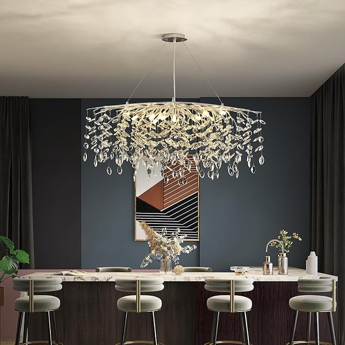 Modern Silver Crystal Tree Branch Chandelier, Rectangle Linear Art Deco Raindrop Lighting Fixture for Dining Room Living Room 12 Lights L40''