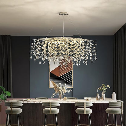 Modern Silver Crystal Tree Branch Chandelier, Rectangle Linear Art Deco Raindrop Lighting Fixture for Dining Room Living Room 12 Lights L40''