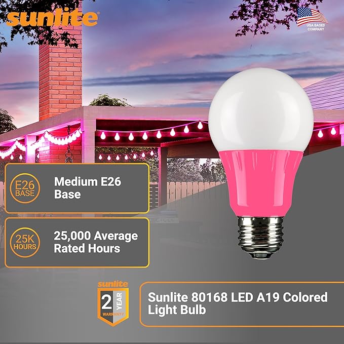 Sunlite 80168 LED A19 Colored Light Bulb, 3 Watts (25w Equivalent), E26 Medium Base, Non-Dimmable, UL Listed, Party Decoration, Holiday Lighting, 1 Count, Pink
